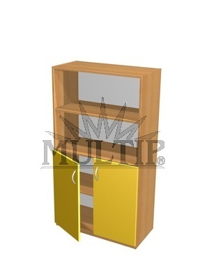 Schrank mit 2 farbigen Türen und Regal oben