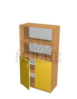 Schrank mit 2 farbigen Türen und Regal oben