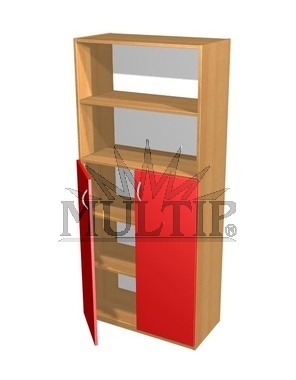 Schrank mit 2 farbigen Türen und Regal oben