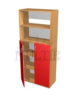 Schrank mit 2 farbigen Türen und Regal oben